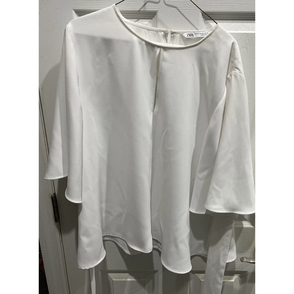 Zara white satin blouse with flared sleeves front keyhole detail Size 34